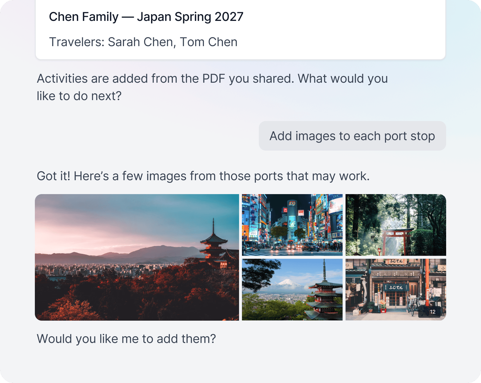 Asking Tern to add images to each itinerary stop