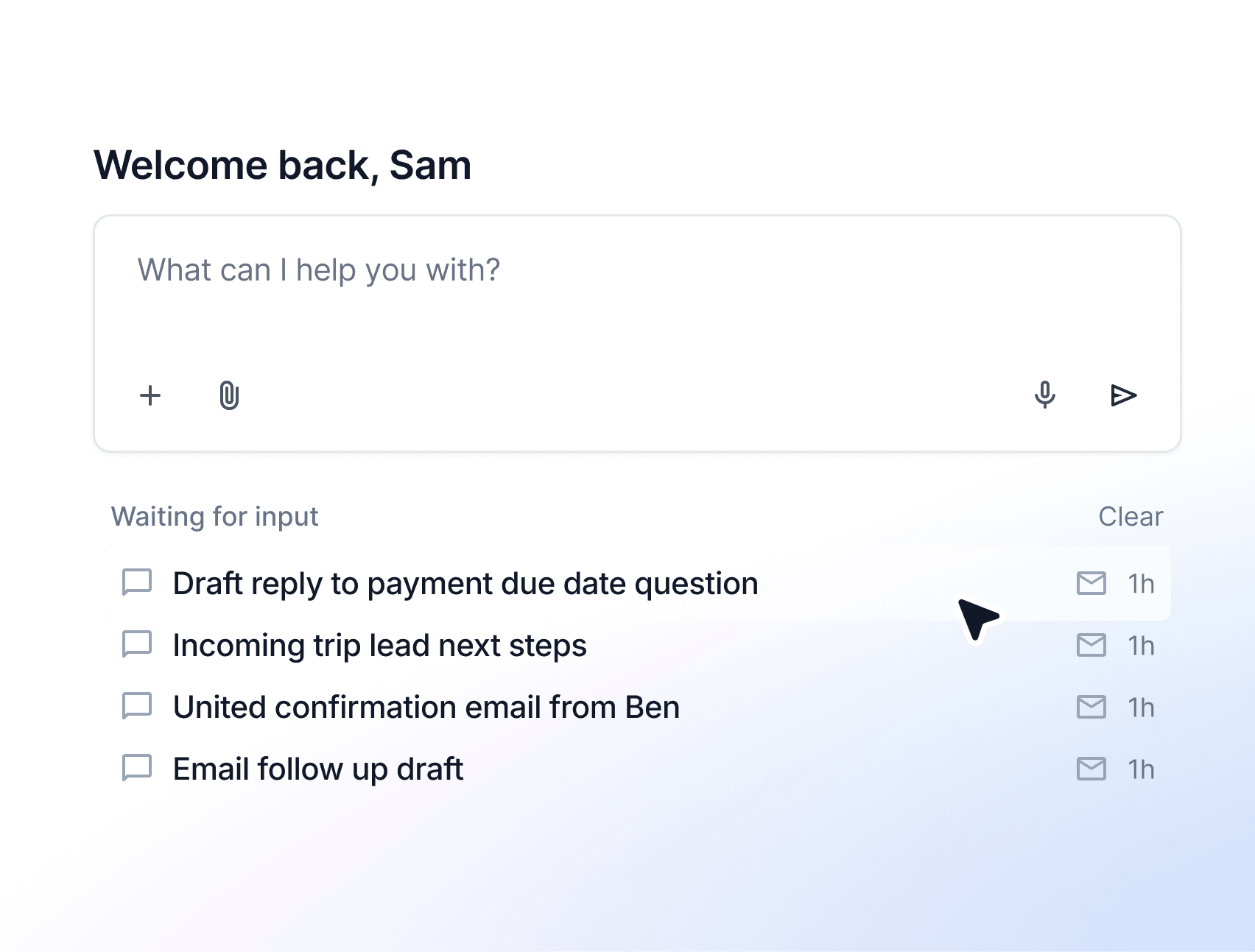 A queue of drafted replies and updates waiting for review