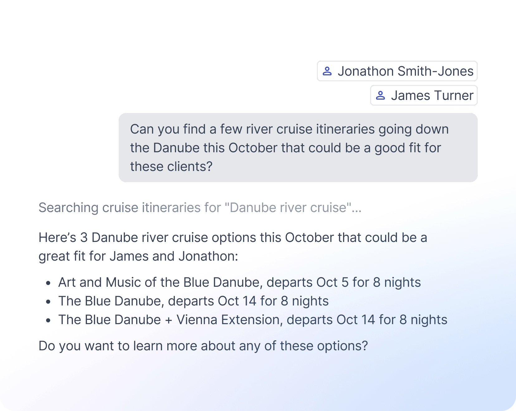 Asking Tern to find Danube river cruise itineraries for clients